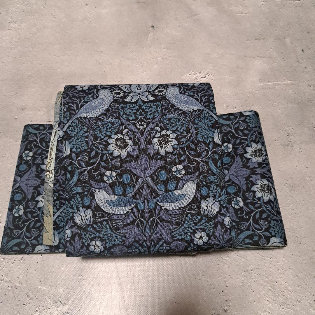 半幅帯　長尺　ウィリアムモリス　いちご泥棒　インディゴ×アネモネ　リバーシブル