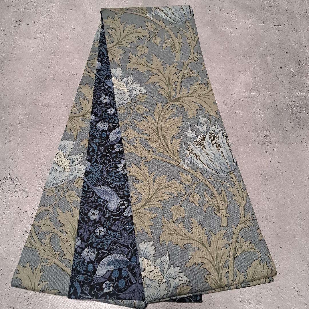 半幅帯　長尺　ウィリアムモリス　いちご泥棒　インディゴ×アネモネ　リバーシブル