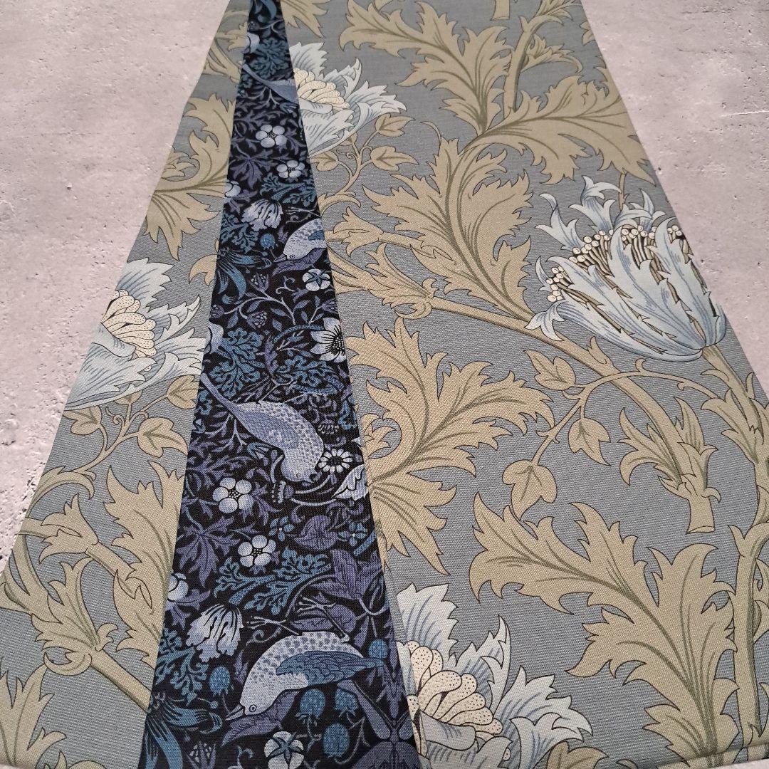 半幅帯　長尺　ウィリアムモリス　いちご泥棒　インディゴ×アネモネ　リバーシブル