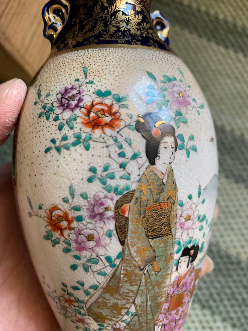 明治時代 薩摩焼「美人図小花瓶」楠部銘 箱付 花瓶 古玩 色絵 花器 古美術