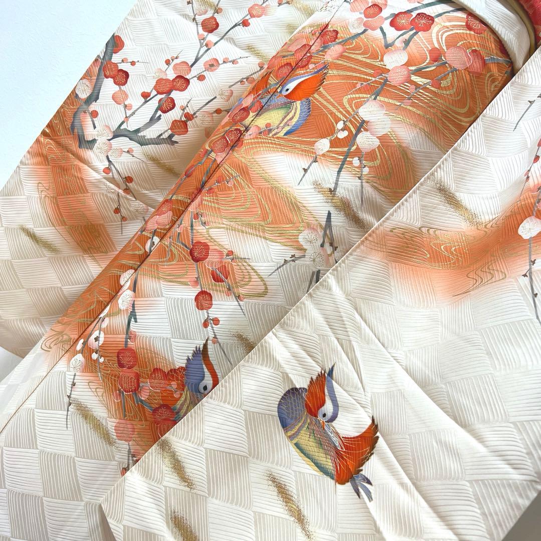 342 振袖フルセット 正絹 オフホワイト 白 橙 赤 金彩 暈し染め 長身さん