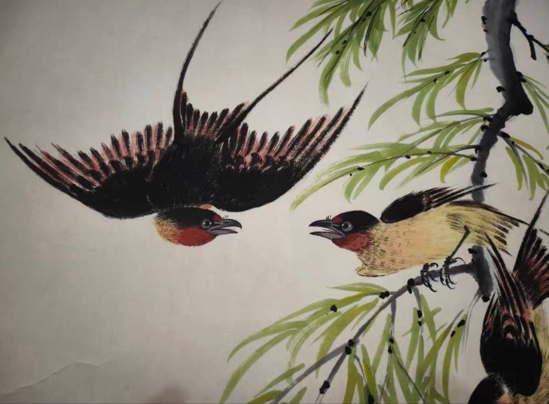 中国近代 花鳥画 掛け軸｜陳半丁 花鳥図・柳に小鳥 春景｜大幅 中堂 和室 茶室