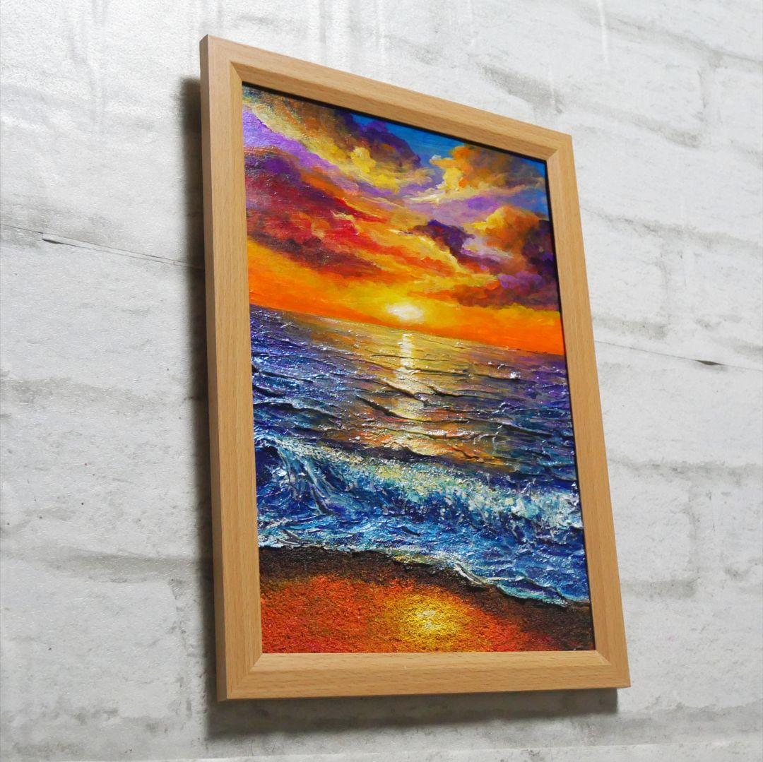 油絵 油彩 油彩画 絵 絵画 【水平線に沈む夕日】A4