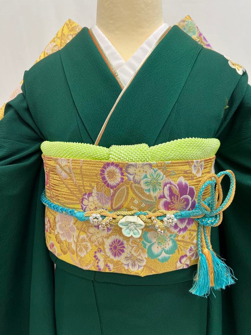 振り袖　フルセット　長襦袢付　緑　成人式　パーティー　刺繍入り　長尺袋帯　730