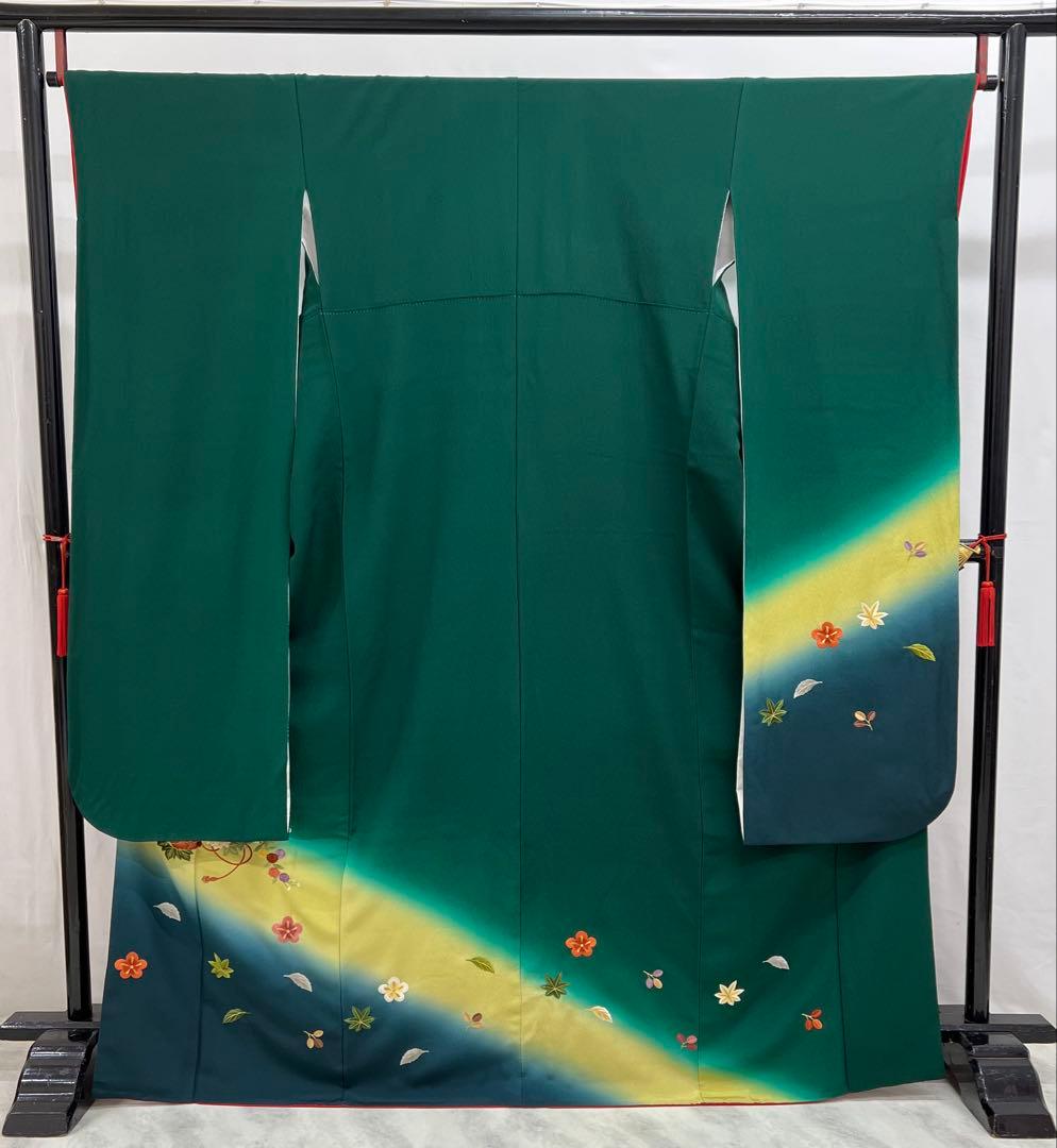 振り袖　フルセット　長襦袢付　緑　成人式　パーティー　刺繍入り　長尺袋帯　730