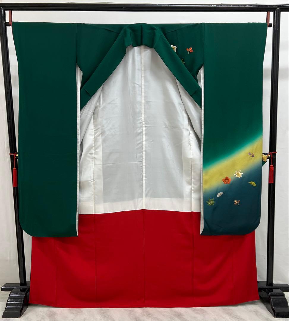 振り袖　フルセット　長襦袢付　緑　成人式　パーティー　刺繍入り　長尺袋帯　730