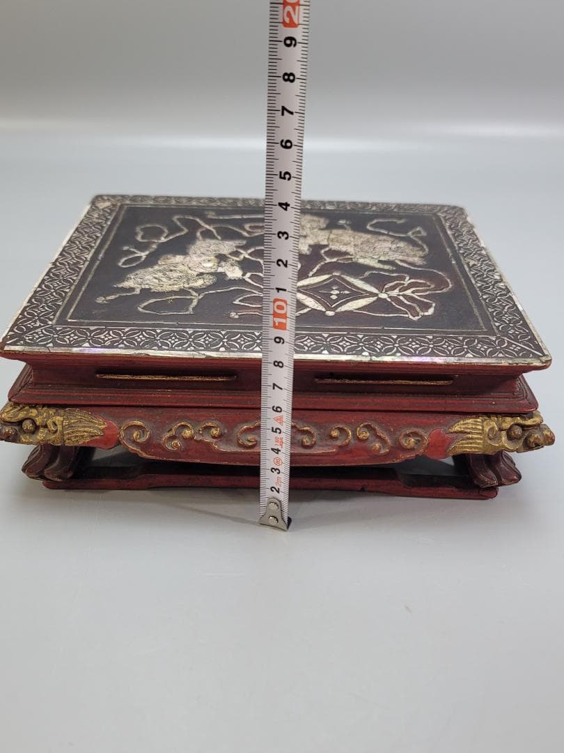 中国美術 螺鈿 獅子紋 朱漆 香炉台 DT507