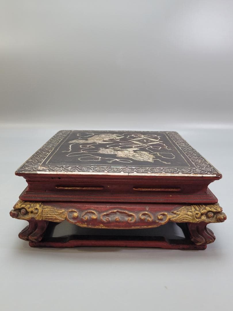 中国美術 螺鈿 獅子紋 朱漆 香炉台 DT507