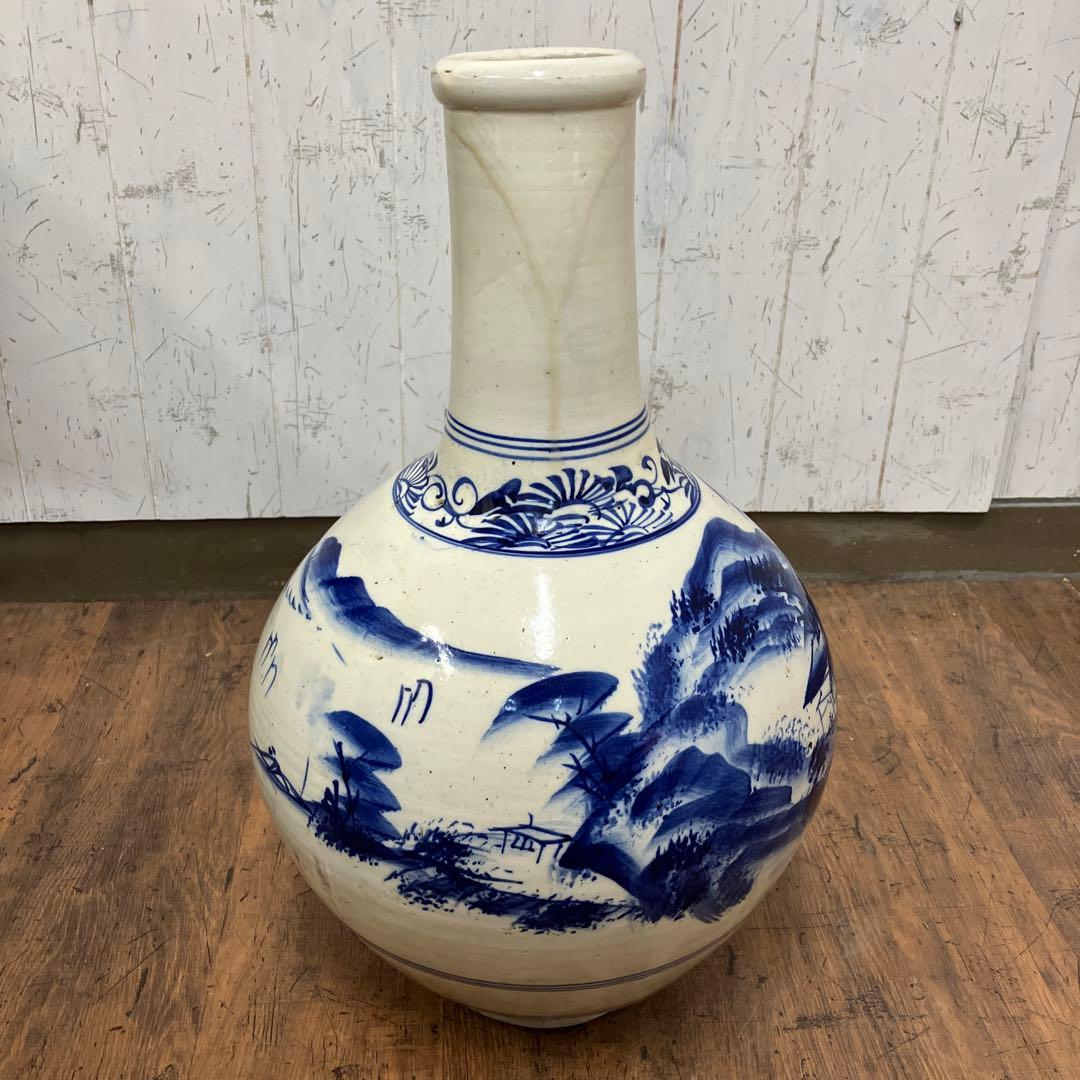 C-5 昭和レトロ 特大 染付 山水画 飾り壺 花瓶 骨董 古美術 インテリア