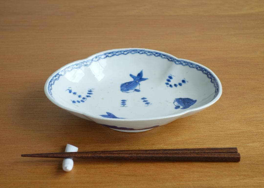 江戸中期　古伊万里　染付木瓜皿５客　金魚柄