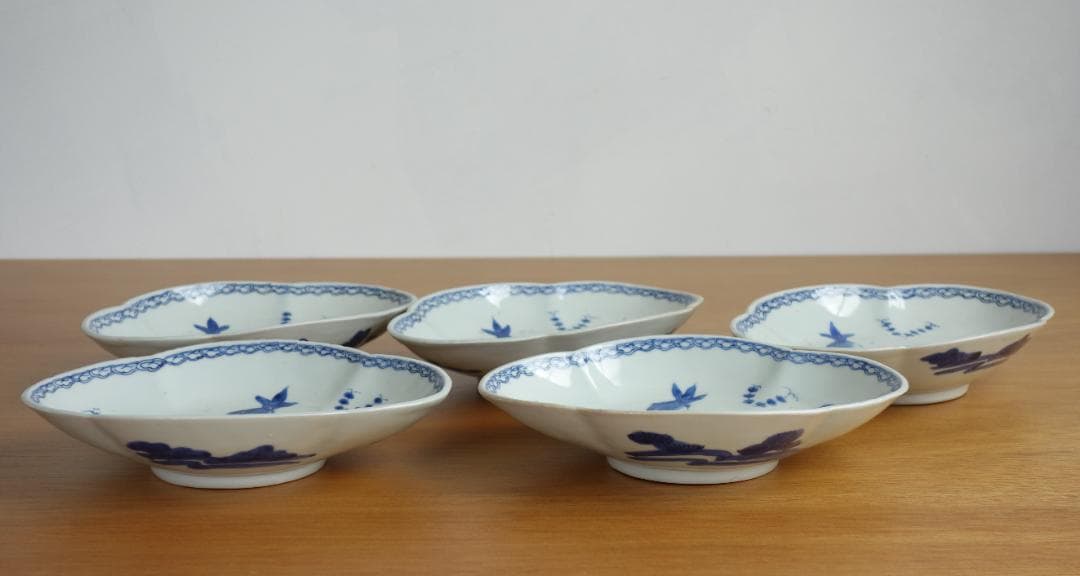 江戸中期　古伊万里　染付木瓜皿５客　金魚柄