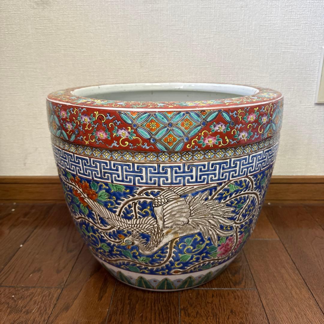 伊万里　十錦手　色絵彩色牡花唐草鳳凰紋　火鉢