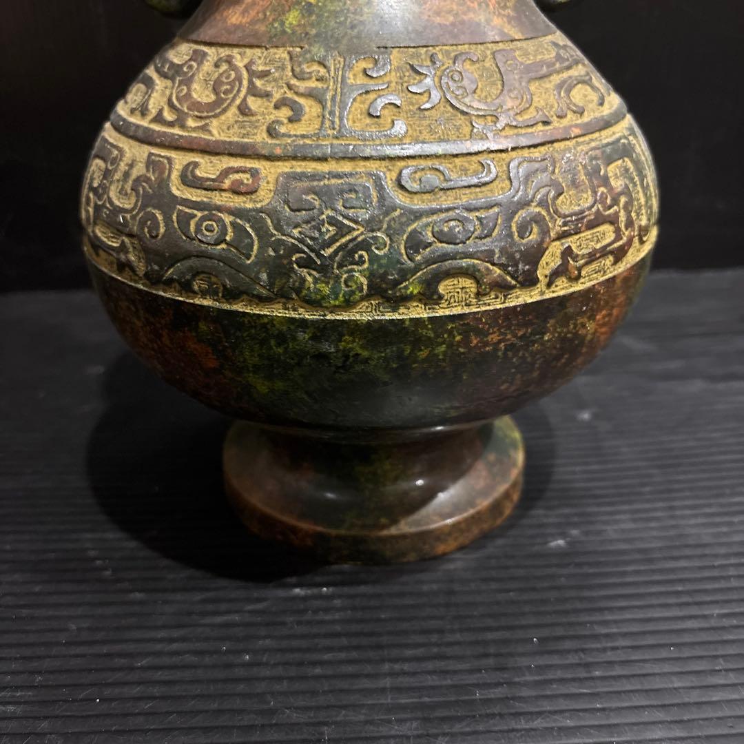 鋳銅 花瓶 双耳壺 銘入り 中国古典文様 青銅器風 古美術