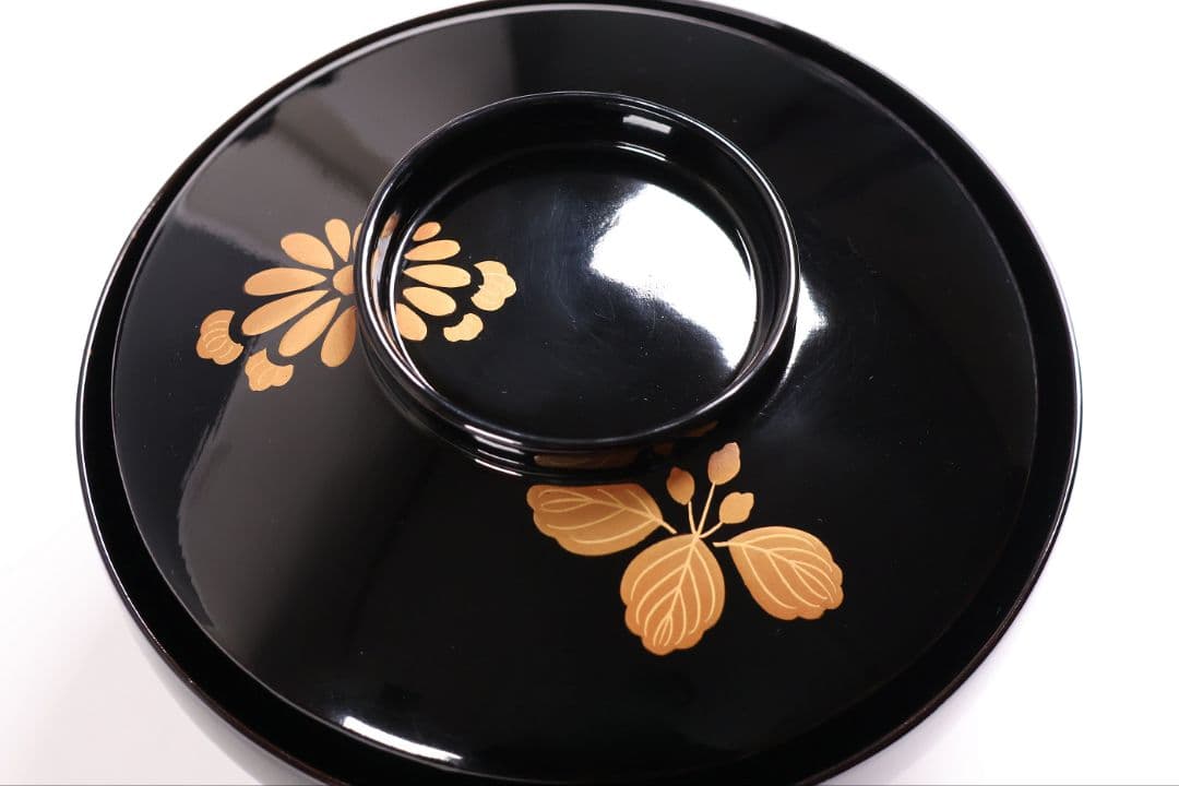 【CM401】天然木漆塗 菊桐鳳凰金蒔絵 黒塗 吸物椀 三客 昭和期 木製漆器