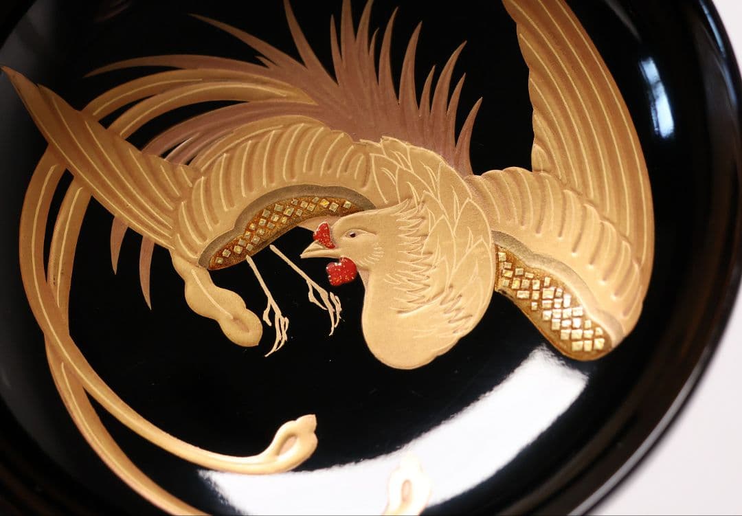 【CM401】天然木漆塗 菊桐鳳凰金蒔絵 黒塗 吸物椀 三客 昭和期 木製漆器