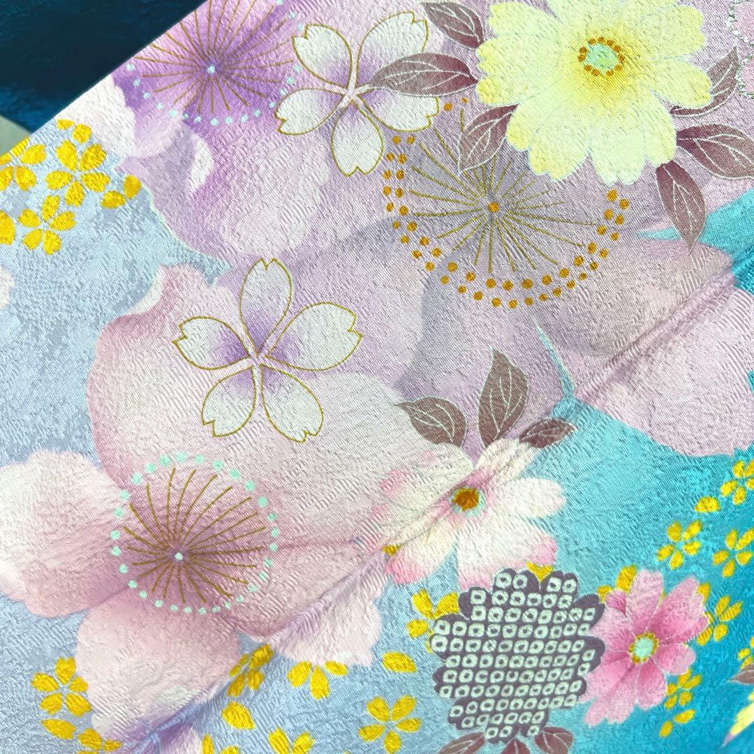 432 振袖フルセット 正絹 青緑 納戸色 桃 ブルーグリーン 銀彩 暈し染め