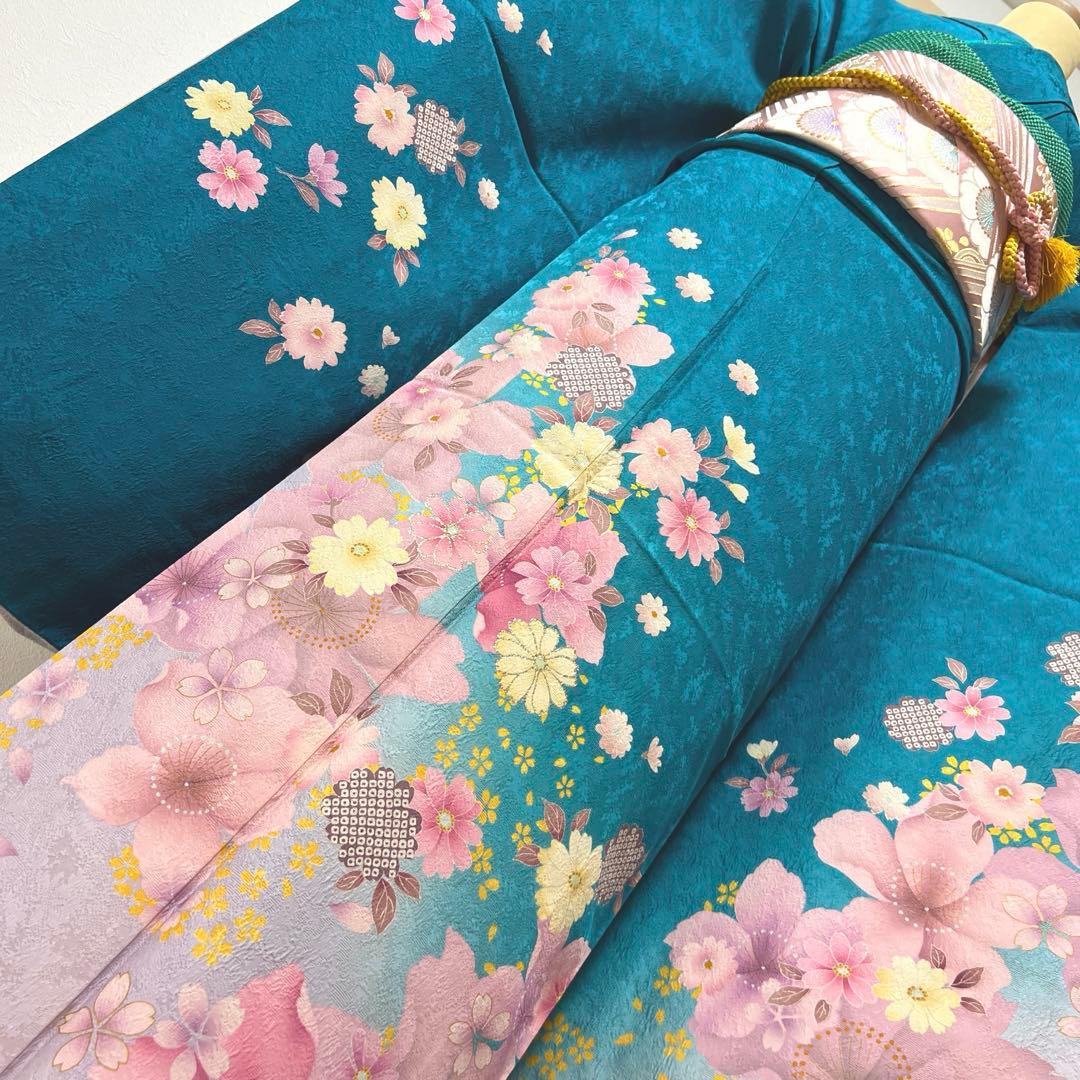 432 振袖フルセット 正絹 青緑 納戸色 桃 ブルーグリーン 銀彩 暈し染め