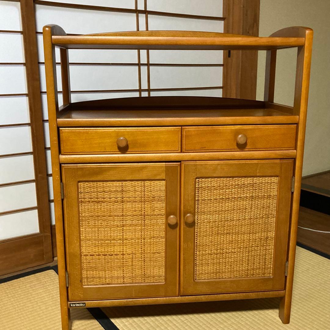 美品　オールドカリモク　ラタン　電話台　FAX台　キャビネット