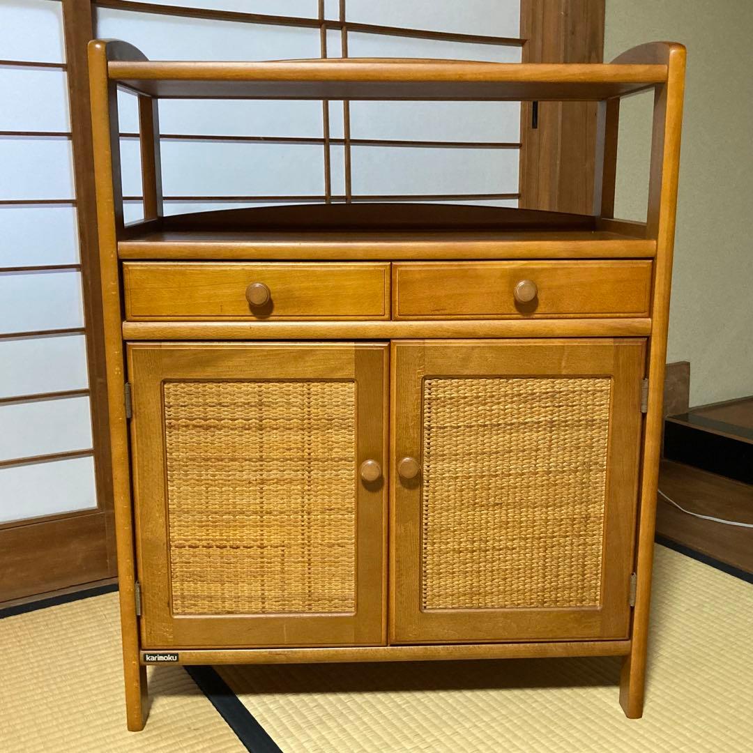 美品　オールドカリモク　ラタン　電話台　FAX台　キャビネット