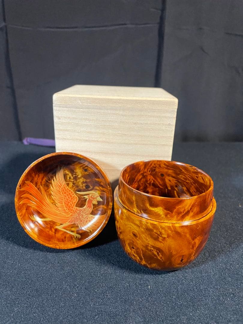 特上杢！ 棗なつめ　特上花梨瘤工芸品　蒔絵鳳と亀　長生き縁起物　茶入れ　茶道具