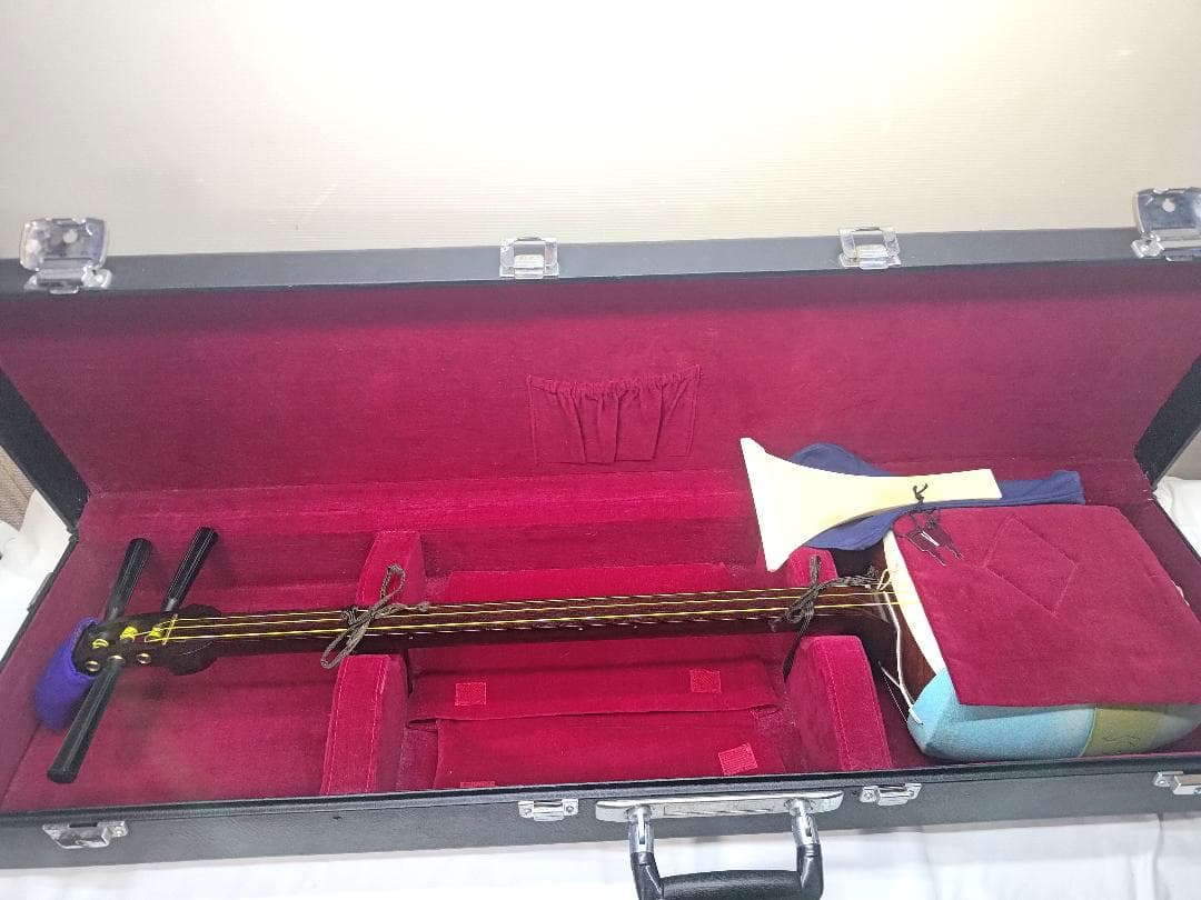 三味線中棹 本体破れあり　 紅木 金細　二本溝　東さわり　子持ち綾杉