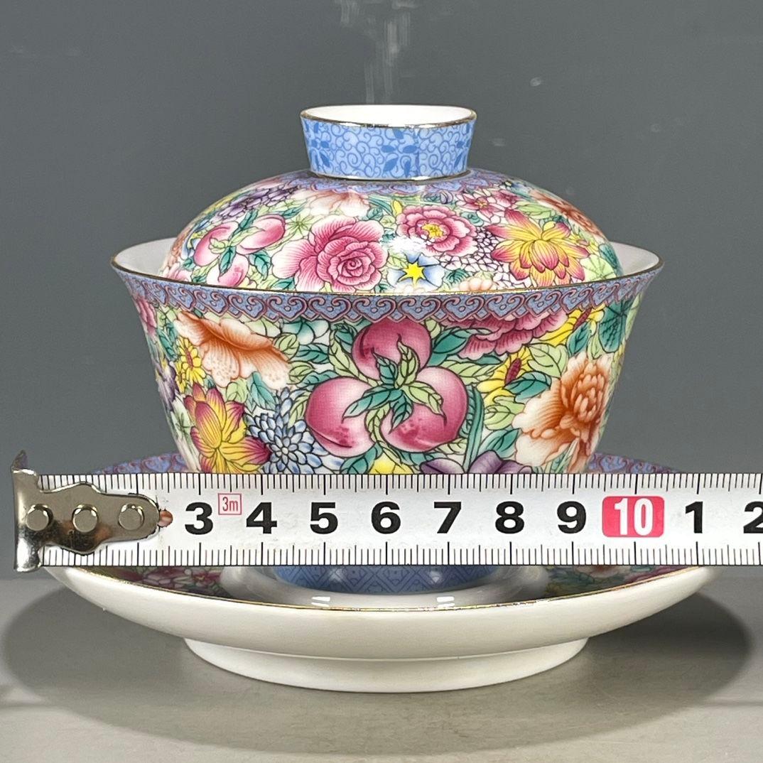 中国茶器 琅彩花卉図紋三才蓋碗 景徳镇 蓋付き茶器 飲茶食器 煎茶具 未使用品