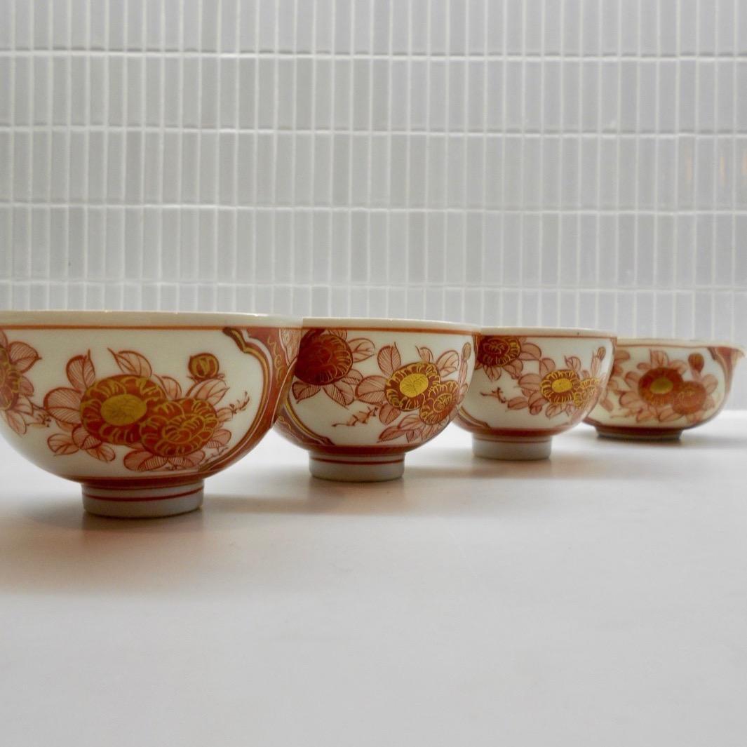 古九谷 細密赤絵 の寿の極意！煎茶碗三客と湯冷まし 九谷銘 煎茶道