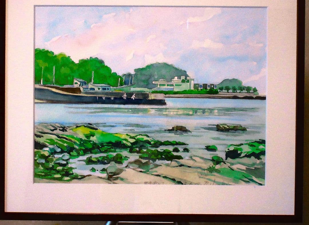 海辺の風景 水彩画 額装済み