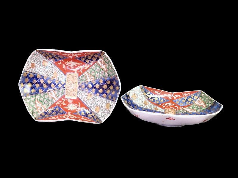 古伊万里　金襴手　波千鳥に幾何学紋の図　熨斗型変形皿　２枚E603AS-fbsj