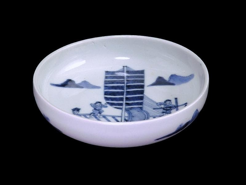 古伊万里　染付　船頭に帆掛け船の図　膾皿　5寸皿　B188AS-CUm