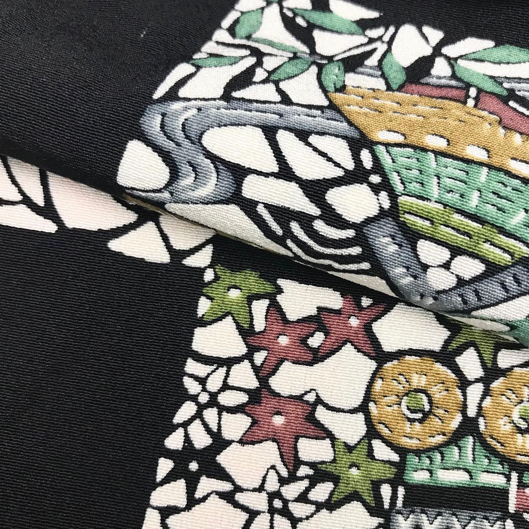 子供着物 型染 玩具や草花 縮緬 黒色 七五三 7歳 10歳 CK-7024