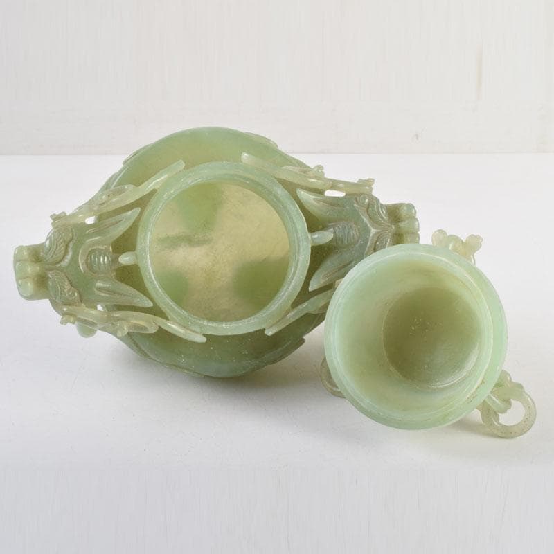 中国　玉石彫刻　雙耳活環　龍鈕蓋爐　香炉　唐木台付　C　9149