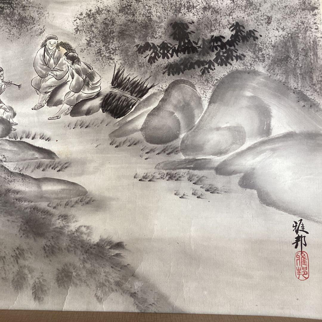 橋本雅邦　紙本水墨画《風景人物画》肉筆　落款印譜あり　双幅捲り　模写　NO107