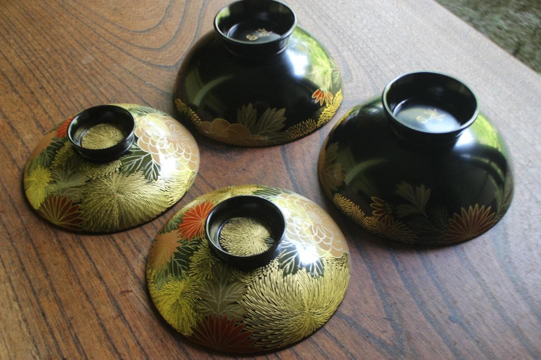 デッドストック！上質黒漆に極上菊詰沈金蒔絵のお椀2点（検輪島塗蒔絵椀雑煮椀