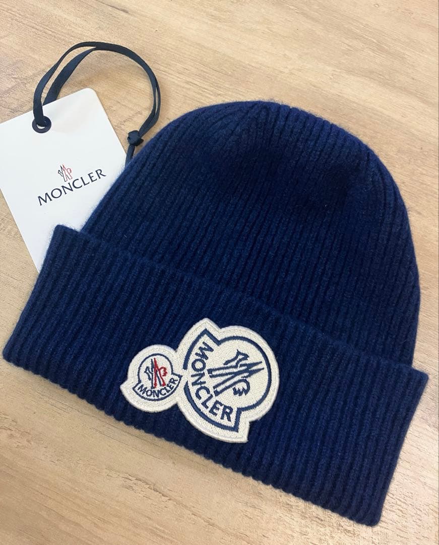 モンクレール ビーニー ダブルロゴ　カシミヤ混　ユニセックス　ネイビー