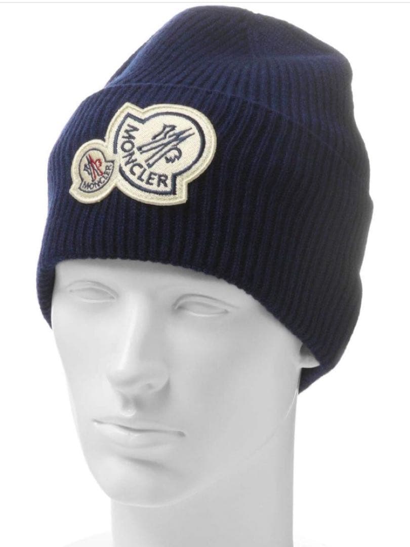 モンクレール ビーニー ダブルロゴ　カシミヤ混　ユニセックス　ネイビー