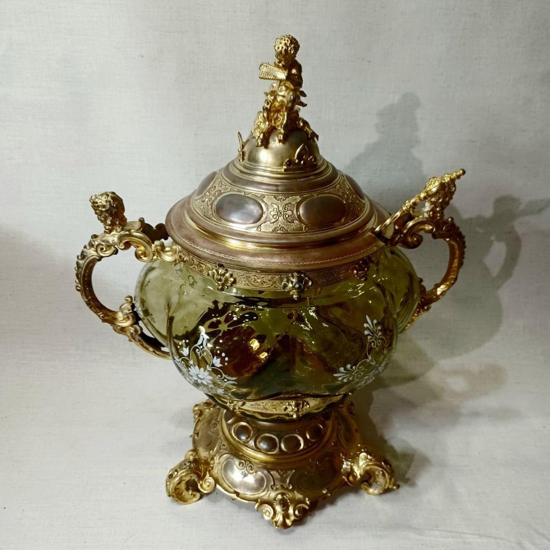 年代物 西洋アンティーク 特大 装飾 ガラス スープジャー 金工 彫刻 彫金