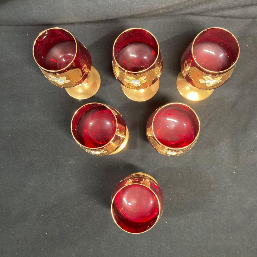 【美品】ボヘミアングラス デキャンタ ワイングラス6個 レッド 金彩 ガラス工芸