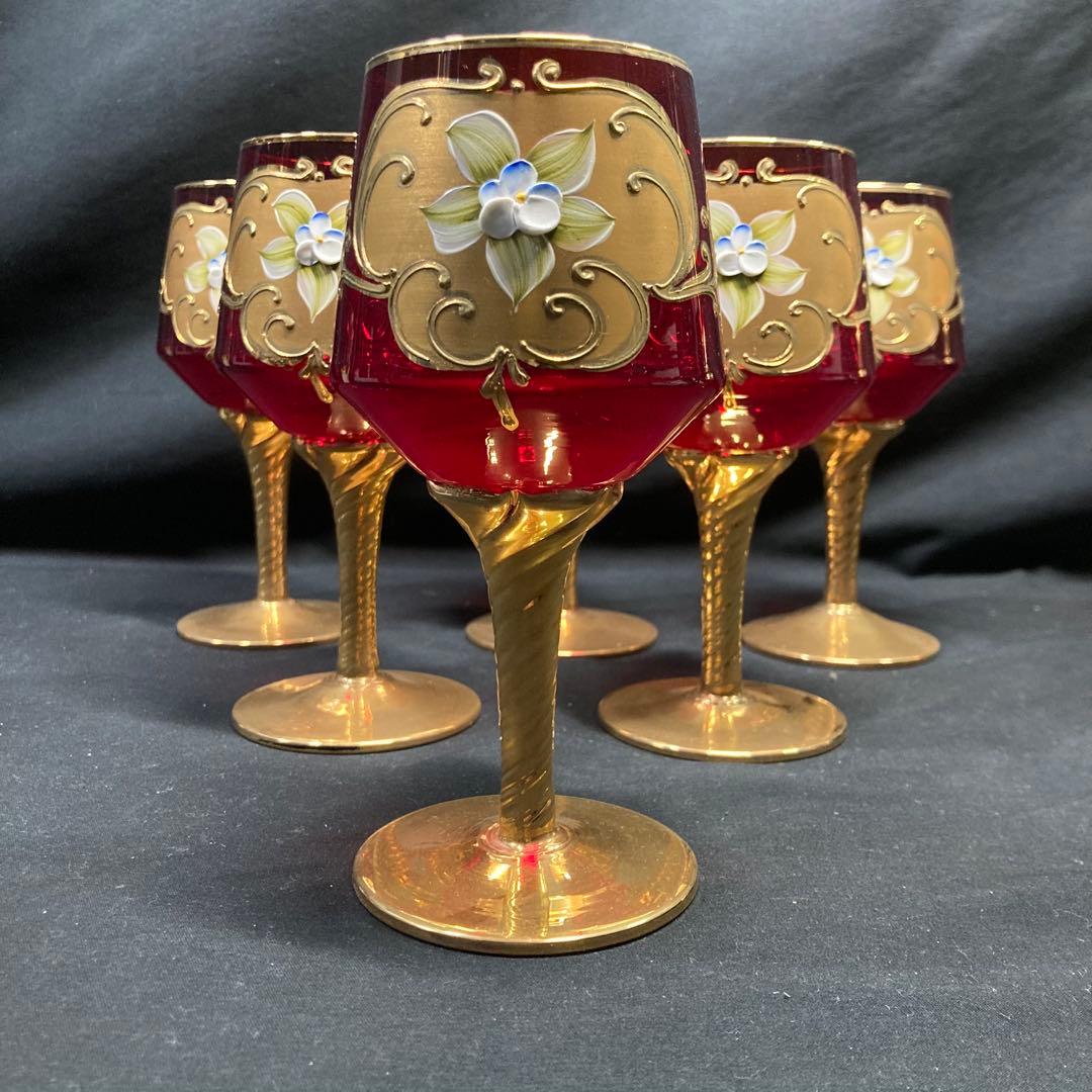 【美品】ボヘミアングラス デキャンタ ワイングラス6個 レッド 金彩 ガラス工芸