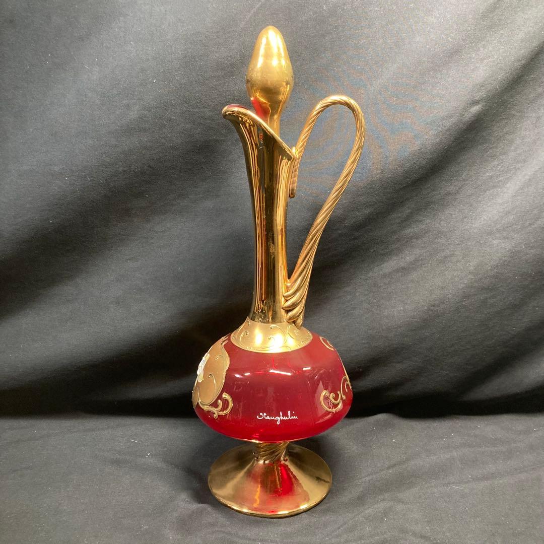 【美品】ボヘミアングラス デキャンタ ワイングラス6個 レッド 金彩 ガラス工芸