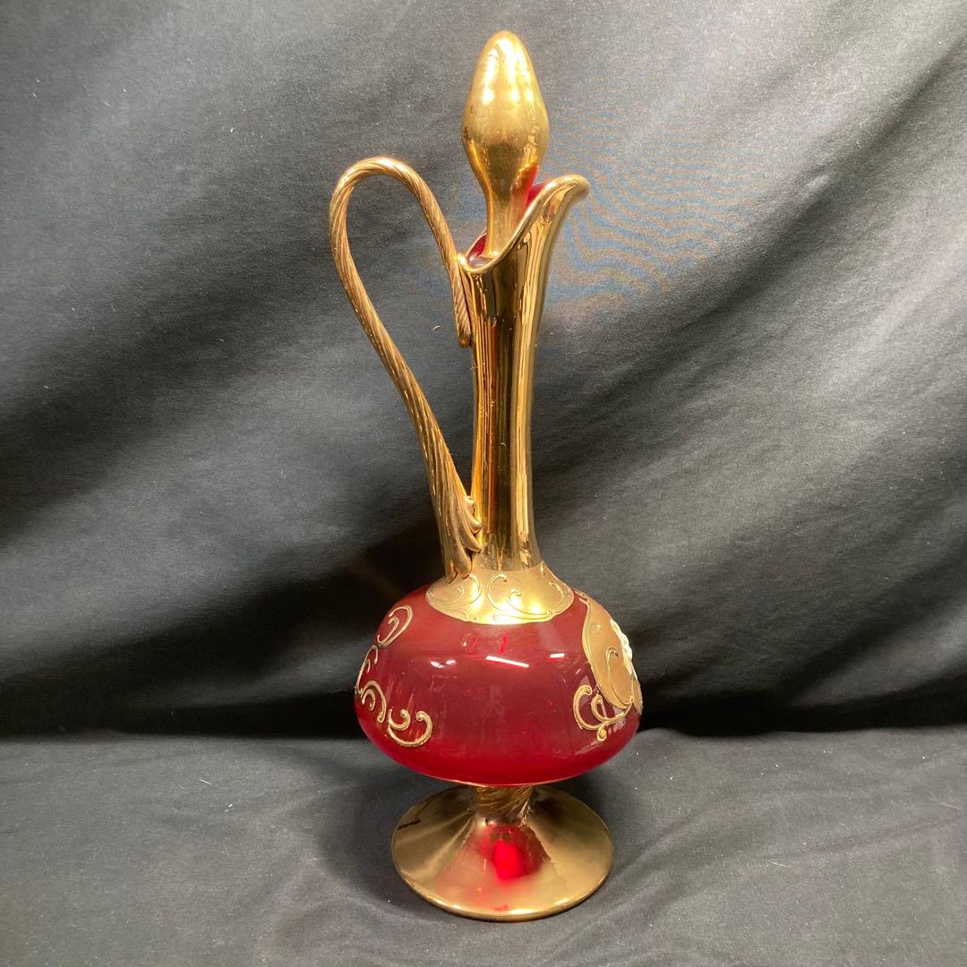 【美品】ボヘミアングラス デキャンタ ワイングラス6個 レッド 金彩 ガラス工芸