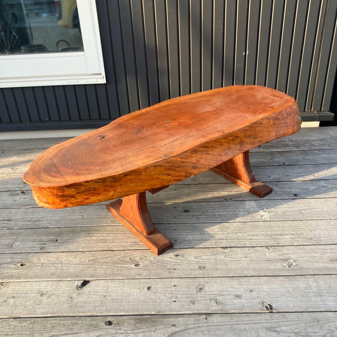 ②昭和レトロ 木製 天然木 欅材 一枚板 脚付き 座卓 センターテーブル 楕円形
