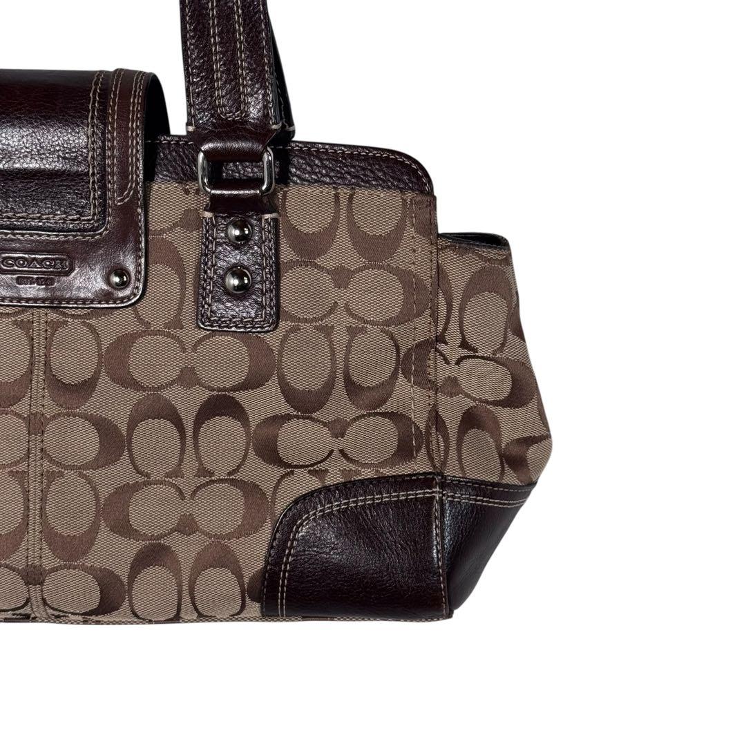 COACH コーチ ハンドバッグ ハンプトンズ 茶 シグネチャー ターンロック