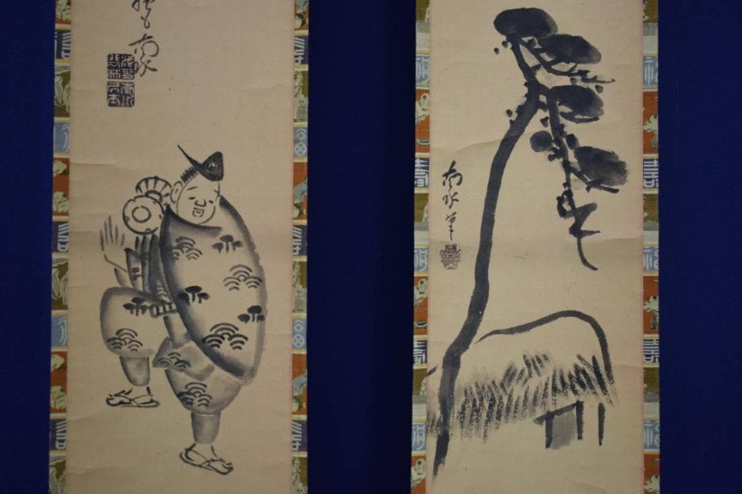 真作/生田南水/人物図/双幅/杉共箱付/布袋屋掛軸HH-584