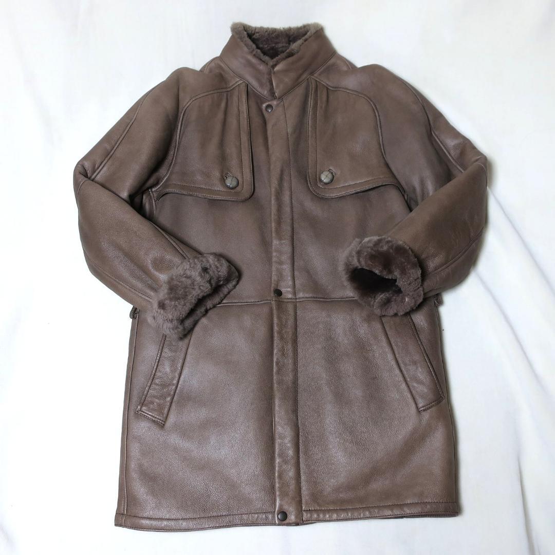 ヴィンテージ メンズスペイン製ムートンコート ラムレザーシアリングコート 茶系