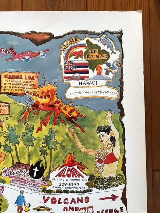 超レア80年代オリジナルハワイ島カイルアコナイラストマップビンテージポスター地図