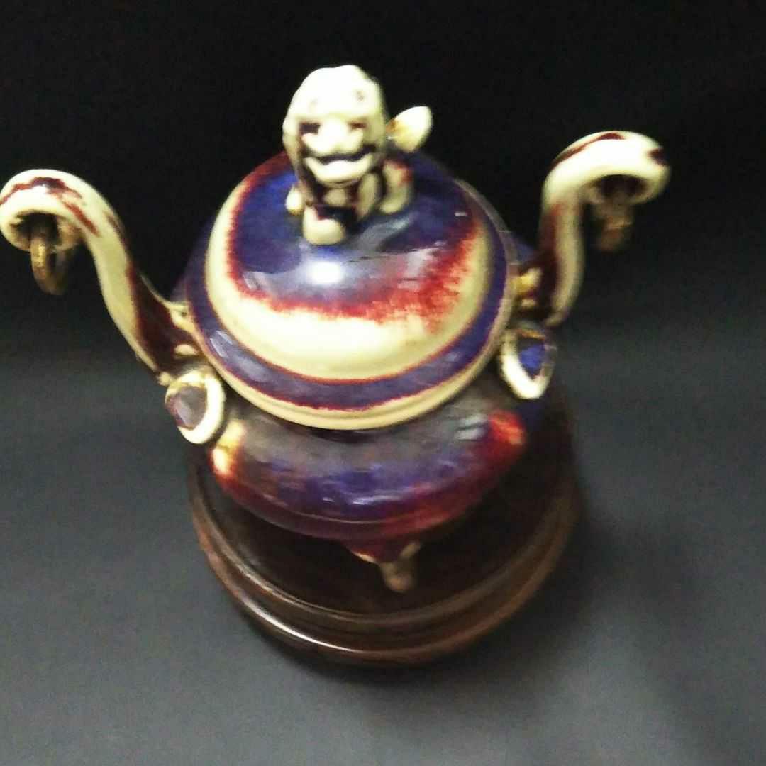 ※中国古美術/鈞窯窯変獅子蓋三足香炉/