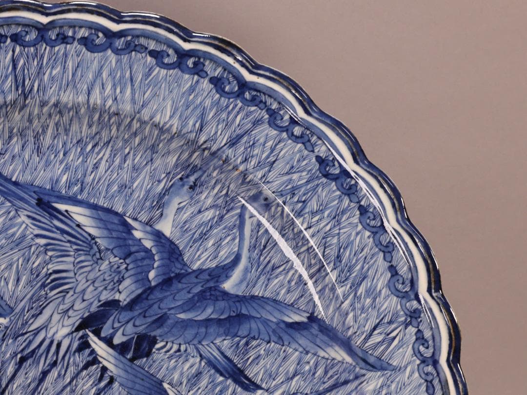 BK266　江戸期　古伊万里　大明成化年製銘　古染付郡鷺文様　大皿　1尺7寸