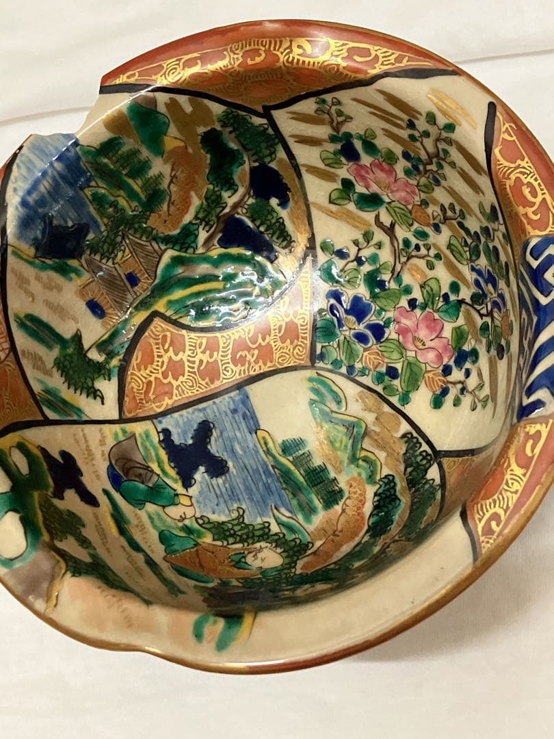 九谷焼　九谷祥三　九谷庄三　庄三風　彩色金襴手　割あり　金継ぎ用　骨董