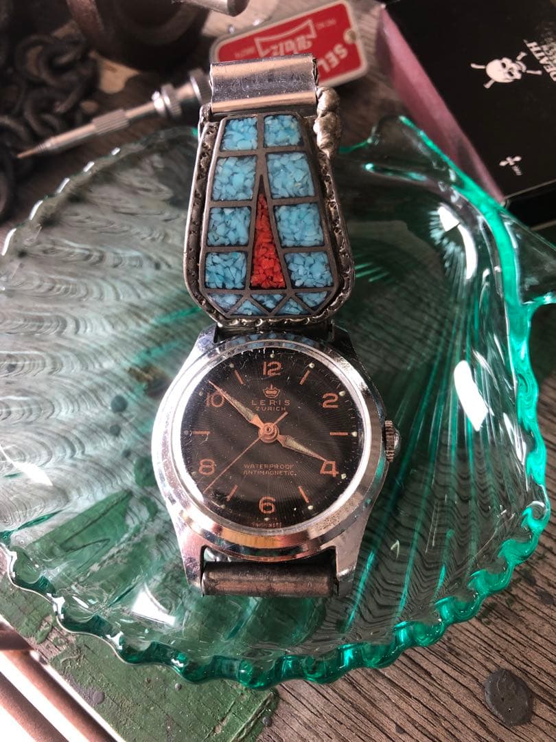 腕時計　古物　手巻き　時間　ターコイズ　族　インレイ　バンド　ノスタルジック